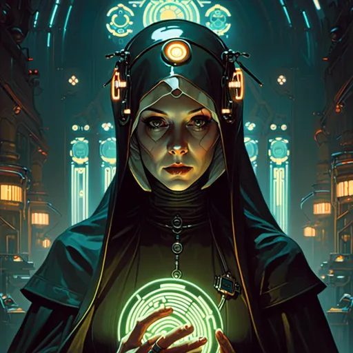 Prompt: An gloomy threatening 

nun 

in the middle of a doomed sinister crossroads full of neon circuitry  glowing in the darkness 

, a stunning Alphonse Mucha's masterpiece in <mymodel> sci-fi retro-futuristic  art deco artstyle by Anders Zorn and Joseph Christian Leyendecker

, neat and clear tangents full of negative space 

, ominous and  dramatic lighting with detailed shadows and highlights enhancing depth of perspective and 3D volumetric drawing

, a  vibrant and colorful high quality digital  painting in HDR