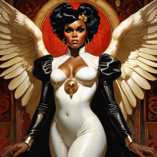 Prompt: A beautiful close-up portrait 

of the curvy and lustful Janelle Monae 

as an  ominous fierceful holy angel 

, a stunning Alphonse Mucha's masterpiece in <mymodel> barroque rococo artstyle by Anders Zorn and Joseph Christian Leyendecker

, neat and clear tangents full of negative space 

, a dramatic lighting with detailed shadows and highlights enhancing depth of perspective and 3D volumetric drawing

, a  vibrant and colorful high quality digital  painting in HDR