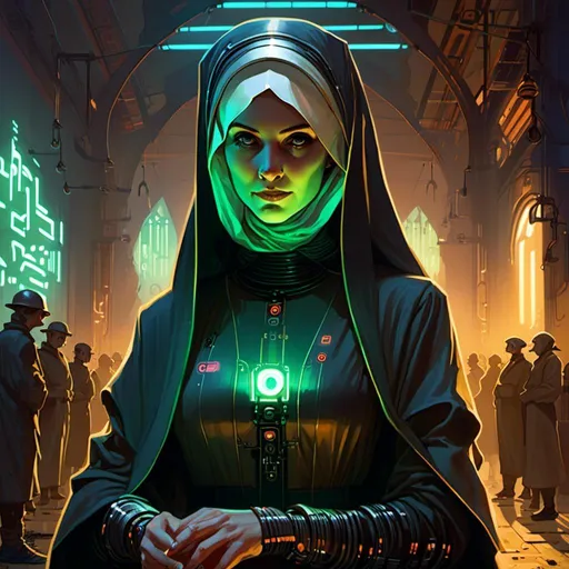 Prompt: An gloomy threatening 

nun

full of neon circuitry  glowing in the darkness 

of a doomed sinister Wrecking yard

, a stunning Alphonse Mucha's masterpiece in <mymodel> sci-fi retro-futuristic  art deco artstyle by Anders Zorn and Joseph Christian Leyendecker

, neat and clear tangents full of negative space 

, ominous and  dramatic lighting with detailed shadows and highlights enhancing depth of perspective and 3D volumetric drawing

, a  vibrant and colorful high quality digital  painting in HDR