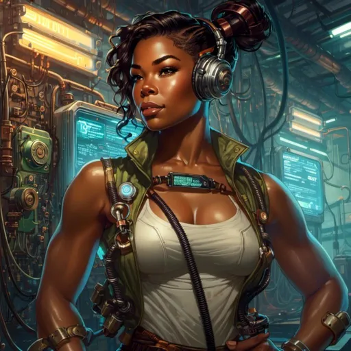 Prompt: A <mymodel> portrait artwork of 

Gabrielle Union

as a muscly stompunk mechanic pin-up 

in the middle of a gloomy jukyard 

full of hanging hoses and multicolored circuit board patterns  glowing in the  darkness 


, a stunning Alphonse Mucha's masterpiece in  sci-fi retro-futuristic art deco artstyle by Anders Zorn and Joseph Christian Leyendecker

, neat and clear tangents full of negative space 

, ominous dramatic lighting with detailed shadows and highlights enhancing depth of perspective and 3D volumetric drawing

, a  vibrant and colorful high quality digital  painting in HDR