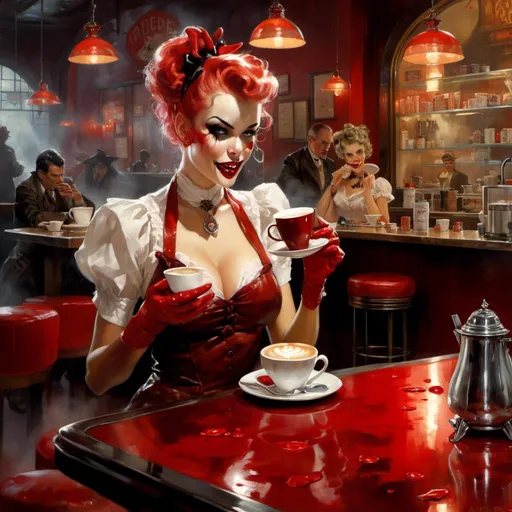 Prompt: Concept art illustration

of a beautiful luxurious pin-up

making a malicious silly face

while having a coffee in the middle 

of her gloomy gory vintage coffee shop 

full of oozing blood

, a stunning Luis Royo masterpiece in <mymodel> art deco horror artstyle by Anders Zorn and Joseph Christian Leyendecker 

, neat and clear tangents full of negative space 

, ominous dramatic lighting with detailed shadows and highlights enhancing depth of perspective and 3D volumetric drawing

, colorful vibrant painting in HDR