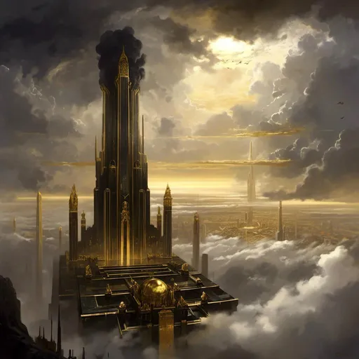 Prompt: A <mymodel> a concept environment art landscape  

of a gloomy and somber 
floating city above the clouds

with a lustrous towering monolith ark 

made of black marble and  golden ornaments 

with it's reflections shedding flaring volumetric light shafts throughout the darkness 

of a threatening sinister heavenly sky battlefield engulfed by a lightning rainstorm

, a stunning Alphonse Mucha masterpiece in delicate barroque rococo artstyle by Anders Zorn and Joseph Christian Leyendecker 

, neat and clear tangents full of negative space 

, ominous dramatic lighting with detailed shadows and highlights enhancing depth of perspective and 3D volumetric drawing

, colorful vibrant painting in HDR with shiny shimmering reflections