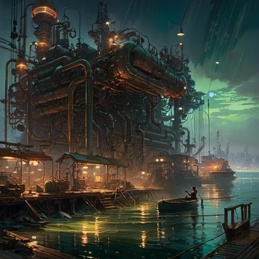 Prompt: A <mymodel> landscape artwork of ominous and gloomy 

docks

on a doomed  seashore

full of scattered hoses and pipes

with multicolored neon circuitry glowing in the darkness

, a stunning Alphonse Mucha's masterpiece in  sci-fi retro-futuristic art deco artstyle by Anders Zorn and Joseph Christian Leyendecker

, neat and clear tangents full of negative space 

, a dramatic lighting with detailed shadows and highlights enhancing depth of perspective and 3D volumetric drawing

, a  vibrant and colorful high quality digital  painting in HDR