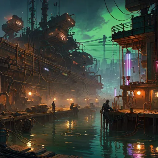 Prompt: A <mymodel> landscape artwork of ominous and gloomy 

docks

on a doomed  seashore

full of scattered hoses and pipes

with multicolored neon circuitry glowing in the darkness

, a stunning Alphonse Mucha's masterpiece in  sci-fi retro-futuristic art deco artstyle by Anders Zorn and Joseph Christian Leyendecker

, neat and clear tangents full of negative space 

, a dramatic lighting with detailed shadows and highlights enhancing depth of perspective and 3D volumetric drawing

, a  vibrant and colorful high quality digital  painting in HDR