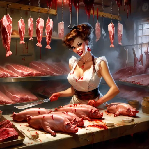 Prompt: Concept art illustration

of a beautiful luxurious pin-up 

making a malicious silly face

while slicing meat in the middle 

of her gloomy gory vintage butcher shop

full of pork meat hanging pig carcasses with oozing blood

, a stunning Luis Royo masterpiece in <mymodel> art deco horror artstyle by Anders Zorn and Joseph Christian Leyendecker 

, neat and clear tangents full of negative space 

, ominous dramatic lighting with detailed shadows and highlights enhancing depth of perspective and 3D volumetric drawing

, colorful vibrant painting in HDR