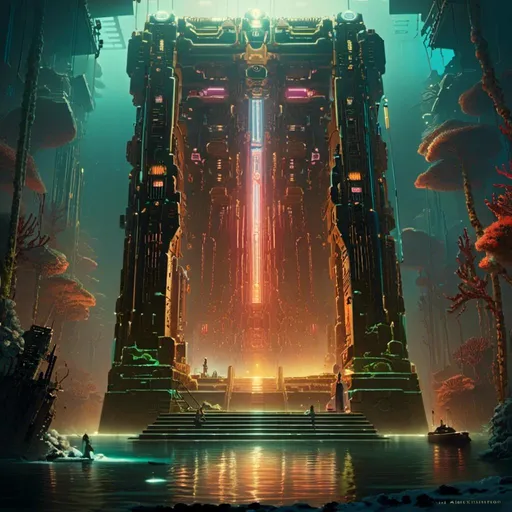 Prompt: A threatening sinister monolith 
full of multicolored circuitry carvings shedding flaring volumetric light shafts in the darkness of gloomy underwater coral reef 

, a stunning John Avon masterpiece in <mymodel> retro-futuristic sci-fi arc deco artstyle by Anders Zorn and Joseph Christian Leyendecker 

, neat and clear tangents full of negative space 

, ominous dramatic lighting with detailed shadows and highlights enhancing depth of perspective and 3D volumetric drawing

, colorful vibrant painting in HDR with shiny shimmering reflections