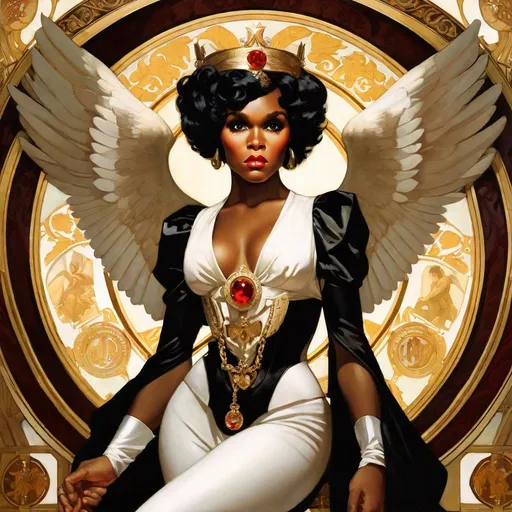 Prompt: A beautiful close-up portrait 

of the curvy and lustful Janelle Monae 

as an  ominous fierceful holy angel 

, a stunning Alphonse Mucha's masterpiece in <mymodel> barroque rococo artstyle by Anders Zorn and Joseph Christian Leyendecker

, neat and clear tangents full of negative space 

, a dramatic lighting with detailed shadows and highlights enhancing depth of perspective and 3D volumetric drawing

, a  vibrant and colorful high quality digital  painting in HDR