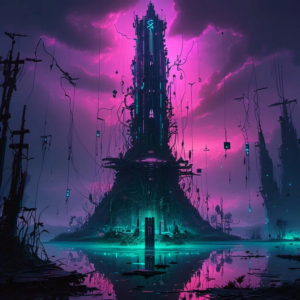 Prompt: An ominous and towering obelisk floating in the middle of a gloomy flooded mangroove 

full  of multicolored neon circuitry glowing in the darkness 

, a stunning John Avon's masterpiece in <mymodel>  sci-fi cyberpunk artstyle by Brian Mashburn and Gustave Dore