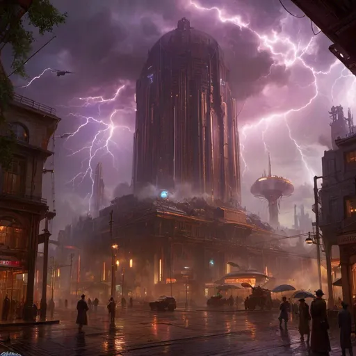 Prompt: A <mymodel> a concept environment art landscape 

of a gloomy and somber 
plaza

with a towering mechanical monolith ark full of vapor streams and glowing arcing lightnings 

shedding flaring volumetric light shafts throughout the darkness 

of a threatening sinister utopian metropolis engulfed by a lightning  rainstorm

, a stunning Alphonse  Mucha masterpiece in retro-futuristic dieselpunk artstyle by Anders Zorn and Joseph Christian Leyendecker 

, neat and clear tangents full of negative space 

, ominous dramatic lighting with macabre somber shadows and highlights enhancing depth of perspective and 3D volumetric drawing

, colorful vibrant painting in HDR with shiny shimmering reflections and intricate detailed ambient occlusion