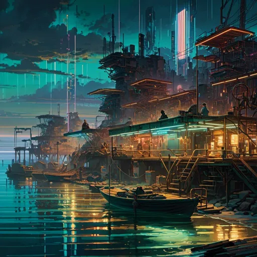 Prompt: A <mymodel> landscape artwork of ominous and gloomy 

docks

on a doomed  seashore

full of multicolored neon circuit board patterns glowing in the darkness

, a stunning Alphonse Mucha's masterpiece in  sci-fi retro-futuristic art deco artstyle by Anders Zorn and Joseph Christian Leyendecker

, neat and clear tangents full of negative space 

, a dramatic lighting with detailed shadows and highlights enhancing depth of perspective and 3D volumetric drawing

, a  vibrant and colorful high quality digital  painting in HDR