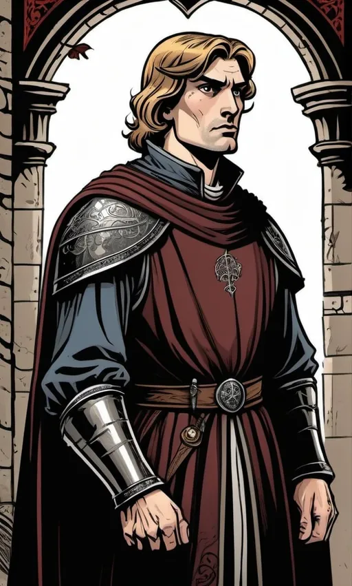 Prompt: ambassador, medieval, detailed, dark colors, dramatic, graphic novel illustration, 2d shaded retro comic book