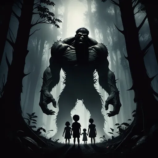 Prompt: (Raksasa yang mengejar anak-anak), dark and foreboding atmosphere, deep shadows, towering figure looming over frightened children, vivid contrast between the giant's hulking form and the small, delicate silhouettes of the children, tense expression of fear and urgency on their faces, dramatic lighting casting eerie shadows, detailed background of a darkened forest setting, surreal, high detail, ultra-detailed, dynamic composition.