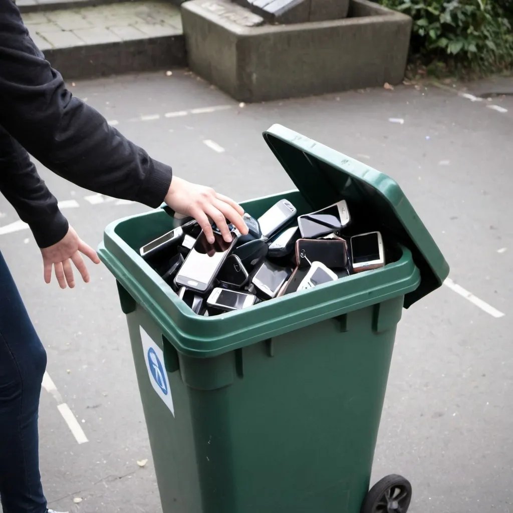 Prompt: person throw away phones into bin