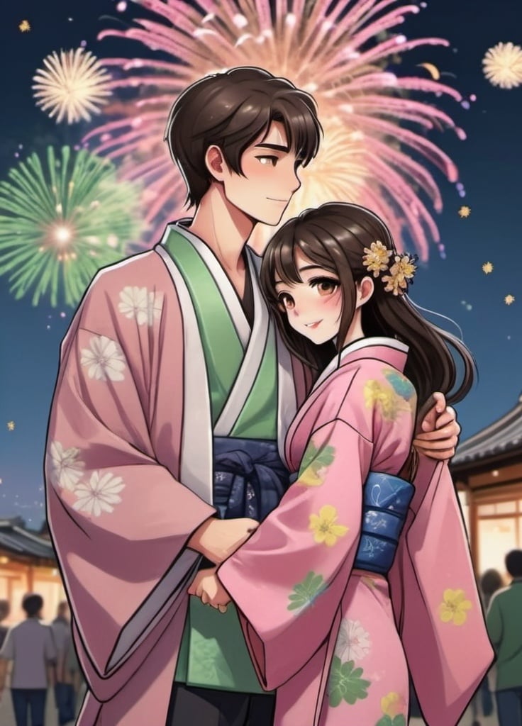 Prompt: cartoon :  a girl with her boyfriend wearing kimono . The kimonos are in pastel color like pink, yellow and green . The girl has black hair use the image uploaded to draw the face.  her boyfriend has brown hair. They are walking in a festival, fireworks behind. they feel happy.