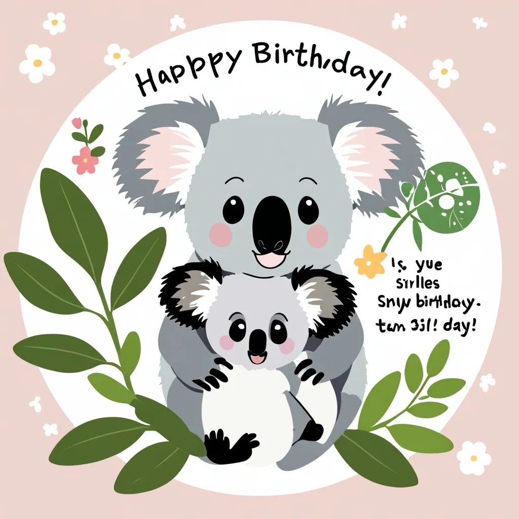 Prompt: Koala, baby koala, smiling, cute, circle plant and flower, message: Elise 3rd Birthday