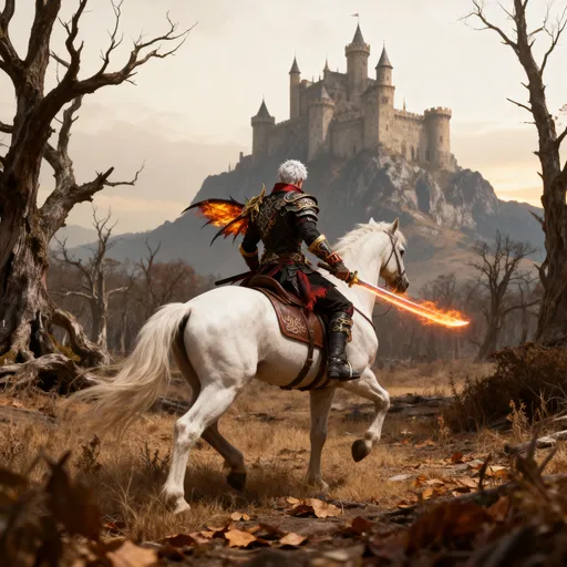 Prompt: Prompt: "A powerful gaming video character as warrior  rides a majestic white horse through a desolate, dry forest. The warrior's back is turned, revealing intricate, wearing same dress visible bracers on his  modern-lo. In his right hand, he wields a katana blade engulfed in vibrant orange and yellow flames. The horse is muscular and well-groomed, with a traditional leather saddle featuring subtle decorative patterns. In the background, atop a distant, rugged mountain, an imposing medieval castle with multiple turrets and high walls stands prominently under a slightly overcast sky. The forest floor is covered with dry leaves and sparse, parched undergrowth. The leafless trees are gnarled and ancient, their dark branches reaching towards the sky. The overall lighting suggests a late afternoon or early evening, with a dramatic, slightly muted color palette that emphasizes the glowing elements. The image should be captured in a photorealistic style, with sharp focus on the warrior and horse, and a slightly softer focus on the distant castle, creating a sense of depth and epic scale. The aspect ratio is vertical, similar to a smartphone wallpaper." & Named 1 vs 4 | ONLY HEADSHOT 
