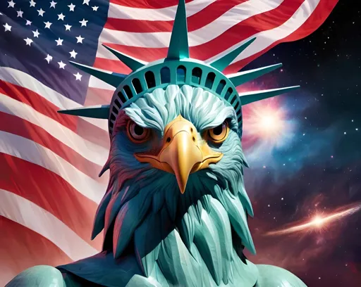 Prompt: Create a dramatic and visually striking cosmic illustration that embodies the essence of the United States. Imagine a grand, swirling galaxy in the shape of the American flag, with vibrant red, white, and blue nebulae. The galaxy should be dynamically illuminated by bursts of starlight and cosmic explosions that create a sense of grandeur and energy. Include a powerful star cluster at the center, resembling the Statue of Liberty’s torch or an eagle in flight, radiating beams of light that blend seamlessly into the flag’s colors. Surround the scene with a backdrop of deep space, featuring dynamic planetary rings and interstellar clouds that enhance the patriotic theme. The overall composition should evoke a sense of awe and majesty, highlighting the dramatic and powerful spirit of American ideals amidst the vast expanse of the cosmos.