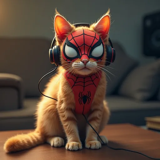 Prompt: A cat with headphones sitting on top of a table....and wearing a spiderman mask