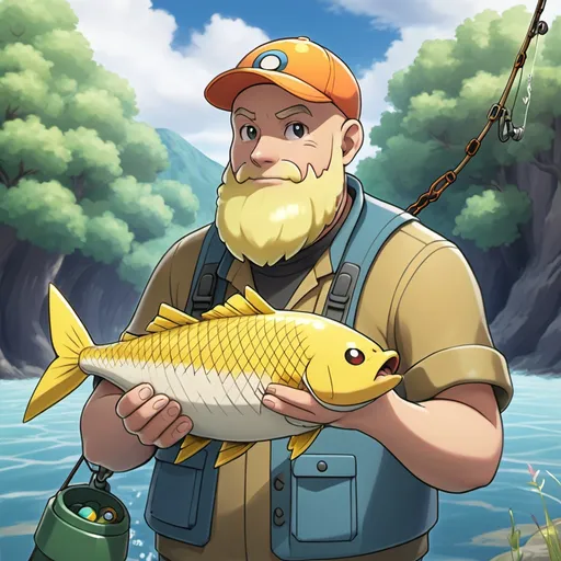 Prompt: Pokémon fisherman, who is bald and has a blonde beard. He has caught a fish Pokémon 