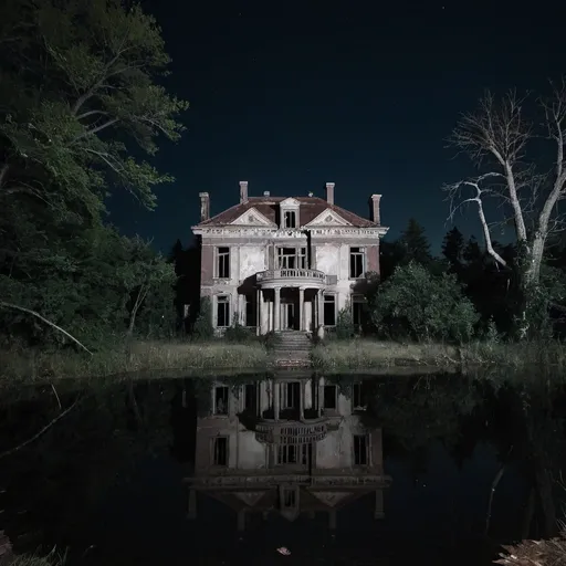 Prompt: abandoned creepy old mansion at night with a lake
