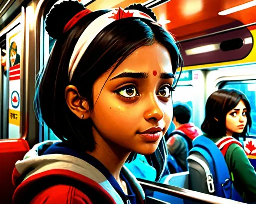 Prompt: Anime illustration of a hindu girl conversing with a bear on a subway train,The Canadian flag should be displayed. 

Add 'Trechourous Twins' title. 

realistic 3D rendering, detailed characters, urban setting, warm tones, dynamic lighting, detailed eyes, subway train interior, bear with expressive eyes, professional quality, 3D rendering, realistic, warm tones, dynamic lighting, detailed characters, subway train, Canadian flag, detailed eyes, conversation, urban setting, atmospheric lighting.

Use image provided as guidance for what girl looks like. 