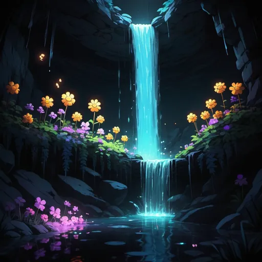 Prompt: Undertale waterfall with glowing flowers in the dark 