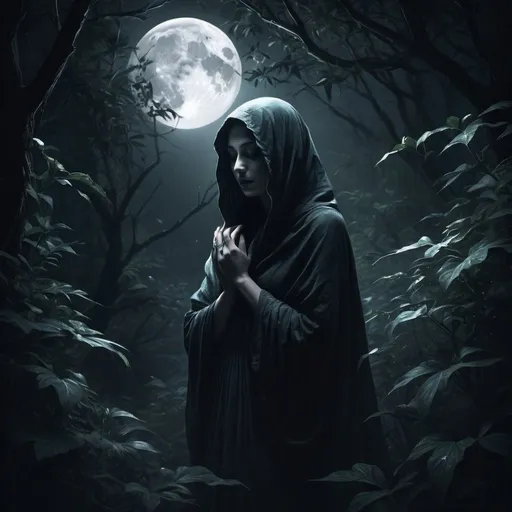 Prompt: Moonlit enigma, mysterious figure shrouded in shadows, moonlight filtering through dense foliage, ethereal and surreal atmosphere, high contrast, digital painting, dark tones, enigmatic expression, haunting beauty, mystical, atmospheric lighting, best quality, highres, surreal, digital painting, mysterious, moonlit, ethereal, haunting, enigmatic, mystical, contrast, dark tones, atmospheric lighting