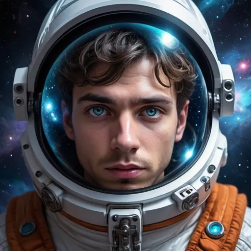 Prompt: Young man exploring universe, realistic cosmic art style, detailed facial features, cosmic exploration, high quality, space art, deep colors, mystical atmosphere, cosmic lighting, galaxy background, ultra-detailed, thoughtful expression, space suit, futuristic technology, galaxy, exploration, cosmic, art style, detailed eyes, professional, atmospheric lighting