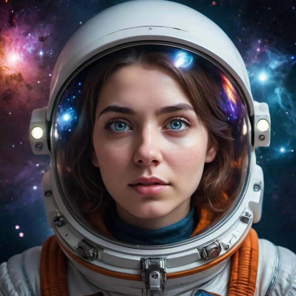 Prompt: Young woman exploring universe, realistic cosmic art style, detailed facial features, cosmic exploration, high quality, space art, deep colors, mystical atmosphere, cosmic lighting, galaxy background, ultra-detailed, thoughtful expression, space suit, futuristic technology, galaxy, exploration, cosmic, art style, detailed eyes, professional, atmospheric lighting