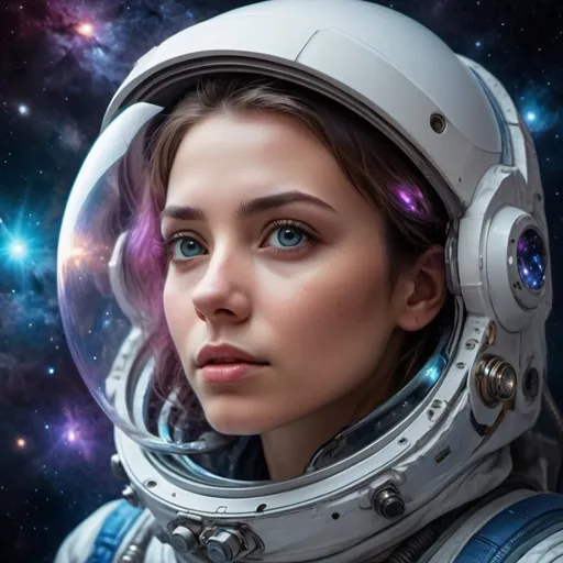 Prompt: Young woman exploring universe, realistic cosmic art style, detailed facial features, cosmic exploration, high quality, space art, deep colors, mystical atmosphere, cosmic lighting, galaxy background, ultra-detailed, thoughtful expression, space suit, futuristic technology, galaxy, exploration, cosmic, art style, detailed eyes, professional, atmospheric lighting