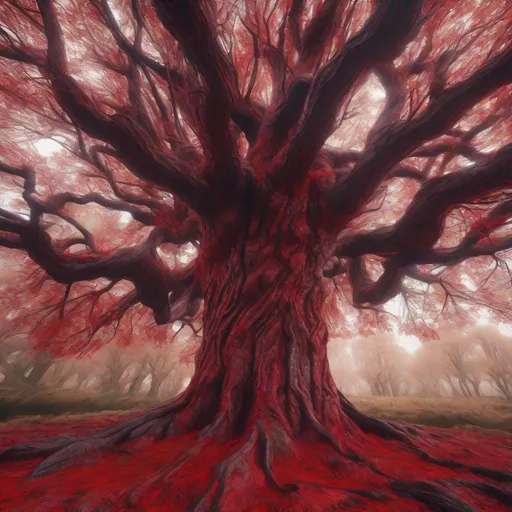 Prompt: A realistic tree that's bark looks alive the bark is red and looks wet. You can see the roots. Real looking landscape picture 