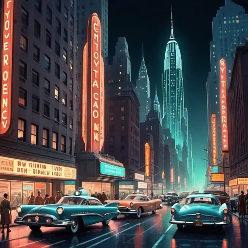 Prompt: Futuristic 1950s New York City, retro-futuristic design, flying cars and hovercraft, vintage skyscrapers with art deco architecture, bustling streets with neon signs, retro-futuristic vehicles, bustling metropolis, detailed cityscape, cinematic lighting, high quality, retro-futuristic, vintage, art deco, bustling streets, neon signs, cinematic lighting, detailed cityscape, flying cars, hovercraft