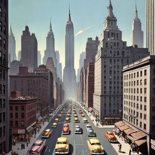 Prompt: newyork city looking futuristic but in 1950s
