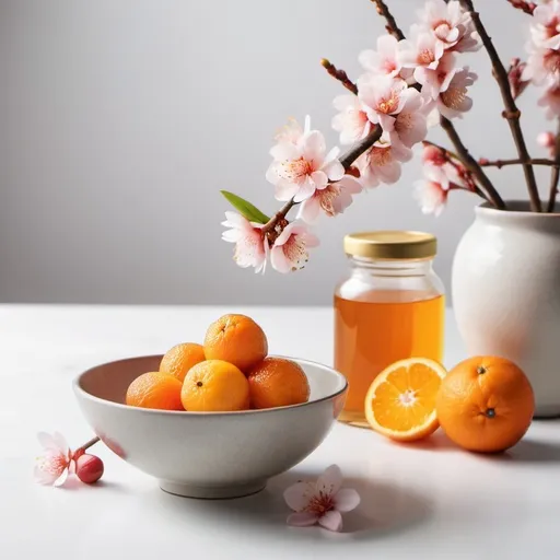 Prompt: tiny sakura flower and orange and lychee in bowl with honey jar,productphotographer,productstyling,Advertising,foodphotography,foodstylist,food styling,menu shoot,white studio backround + hyper-realistic