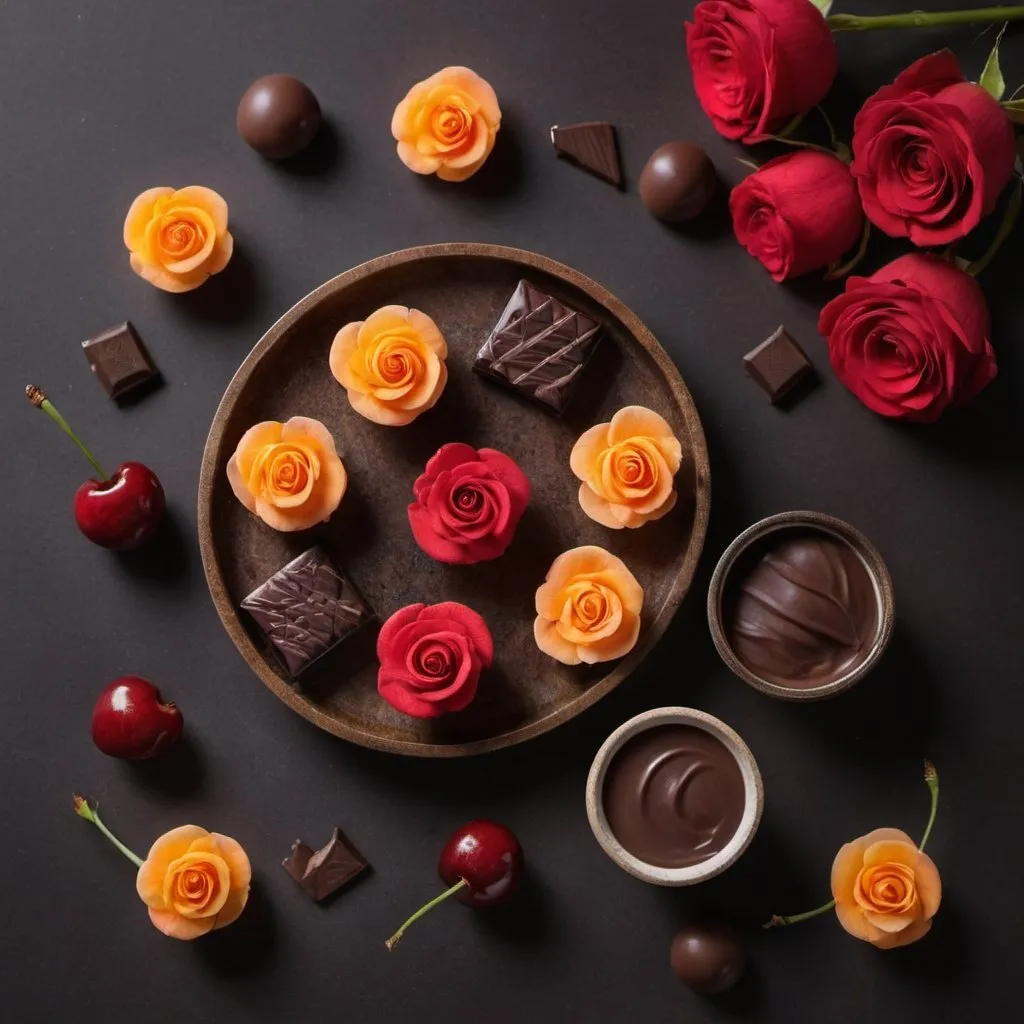 Prompt: red rose,cherry,apricot,dark chocolate,productphotographer,productstyling,Advertising,foodphotography,foodstylist,food styling,menu shoot