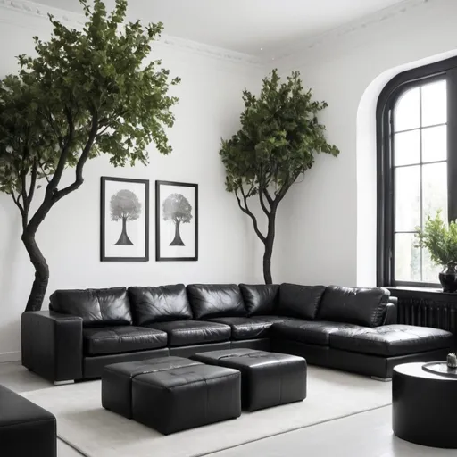 Prompt: White walls, black leather sofas, black table, corner tables and decorative trees