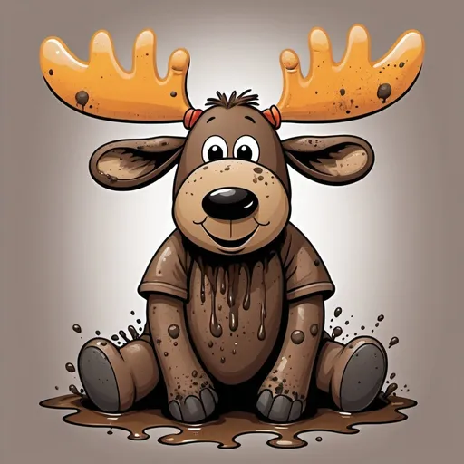 Prompt: t-shirt graphic, childs stuffed moose, covered in mud, smile on his face