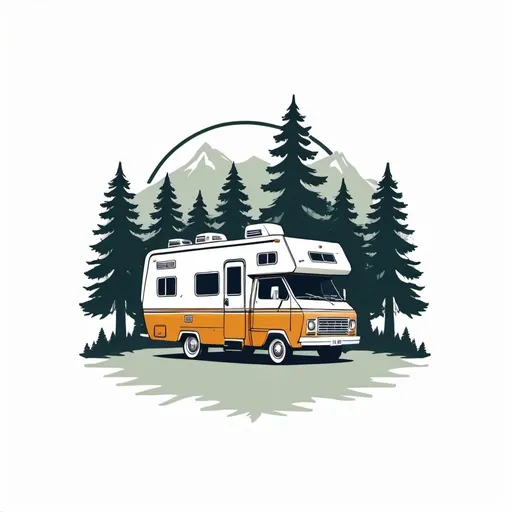 Prompt: Illustrated T-shirt design of vintage RV with pine trees, vector, solid white background, simple color palette