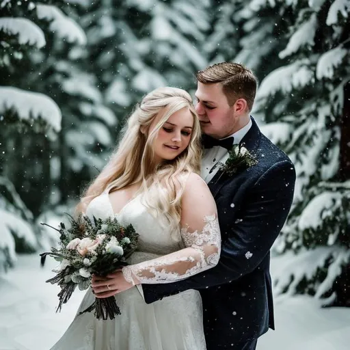 Prompt: Realistic, blonde bride and obese male groom, eloping in a snowy forest, detailed snow-covered trees, soft natural lighting, romantic, high quality, realism, detailed facial expressions, snowy landscape, bridal gown, romantic elopement, chubby groom, winter wonderland, elegant, serene atmosphere