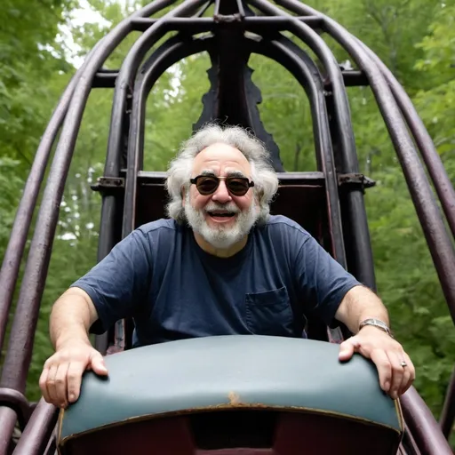 Prompt: Jerry Garcia riding the haunted house ride at knobels grove amusement park 