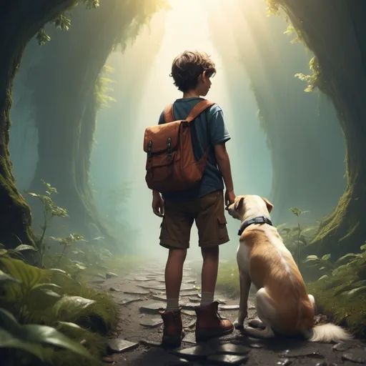 Prompt: a lost boy and dog in a world of trppy fantasies