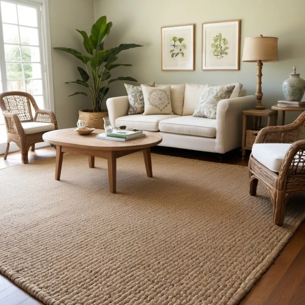 Prompt: create a photo of a living room with a jute and water hyacinth carpet