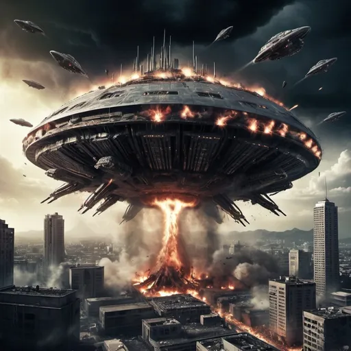 Prompt: Alien invasion of Earth, apocalyptic destruction, futuristic sci-fi illustration, high-tech alien weaponry, massive alien mothership looming overhead, chaotic battle scenes, intense explosions, devastated cityscape, epic scale, high quality, sci-fi, futuristic, apocalyptic, chaotic battle, alien invasion, massive mothership, intense explosions, devastated cityscape, epic scale, dramatic lighting, advanced technology