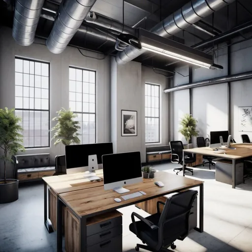 Prompt: an industrial furnished office space, high quality, unreal engine