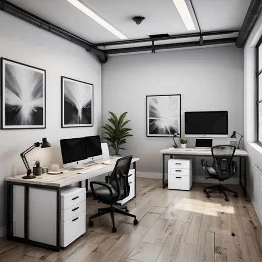 Prompt: a compact industrial furnished office space, with white furnishings, grey desk tops, black and white art and warm rough sawn timber floors, high quality, unreal engine