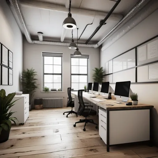 Prompt: a compact industrial furnished office space, with white furnishings and rough sawn timber floors, high quality, unreal engine