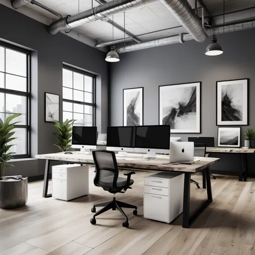 Prompt: a wide industrial furnished office space, with white furnishings, grey desk tops, black and white art and warm rough sawn timber floors, high quality, unreal engine