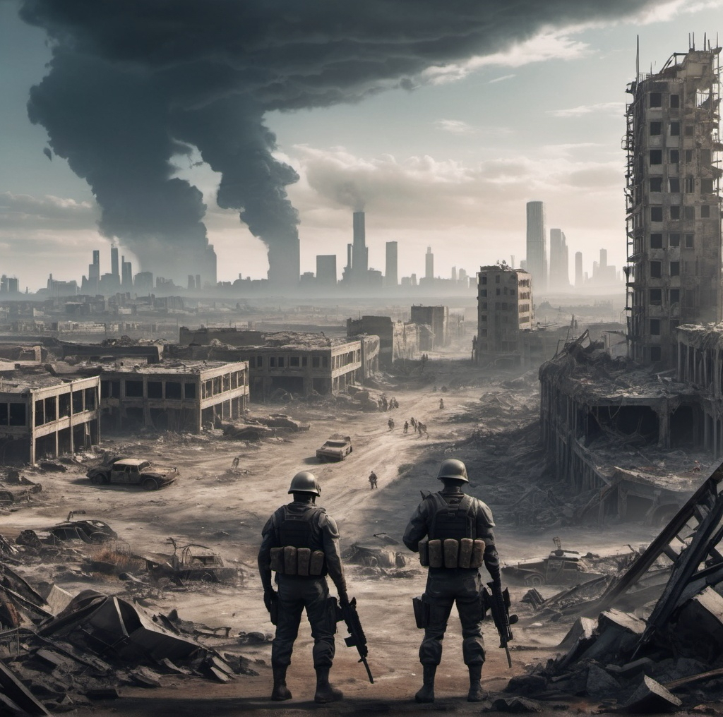 Prompt: An apocalyptic wasteland with a fallen city in view and armed soldiers 