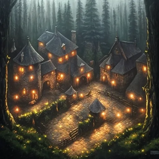 Prompt: Oil painting, round driveway, three different medieval cottages, dense forest with tall evergreen trees, detailed, high quality, dark tones, mystical lighting, professional, atmospheric, high-quality, dramatic lighting, dark and mysterious, modern witchcraft, powerful witches,