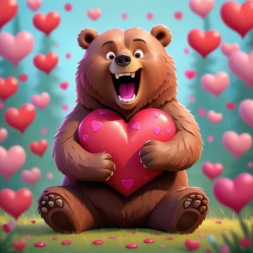 Prompt: (cartoon grizzly bear), happy expression, hugging a big red heart in both arms, vibrant colors, background full of pink hearts, whimsical atmosphere, playful design, fun and exaggerated cartoon style, high-quality illustration, warm lighting, engaging scene depicting happiness and love, detailed fur texture and facial features, cartoonish charm, dynamic pose emphasizing reaction, (HD).